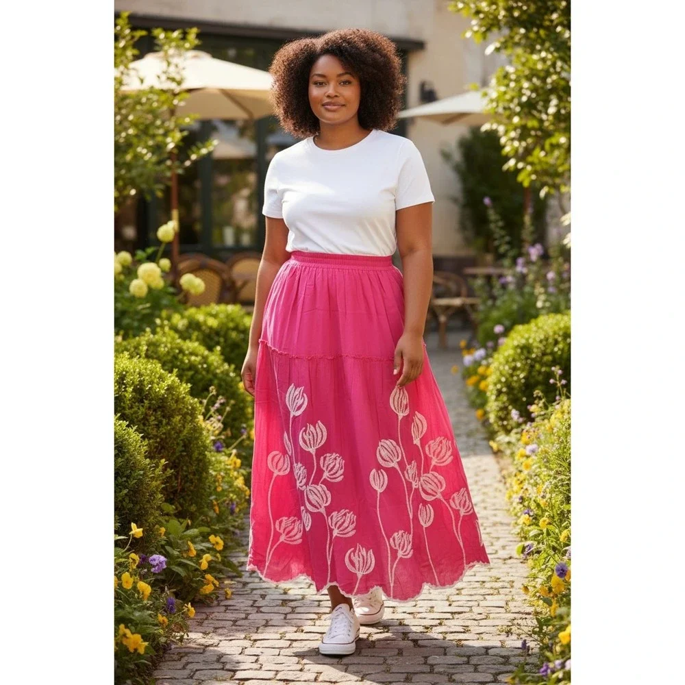 Lafaire Pink Embroidered Maxi Skirt Womens‎ Medium Boho Resort Vacation Coastal